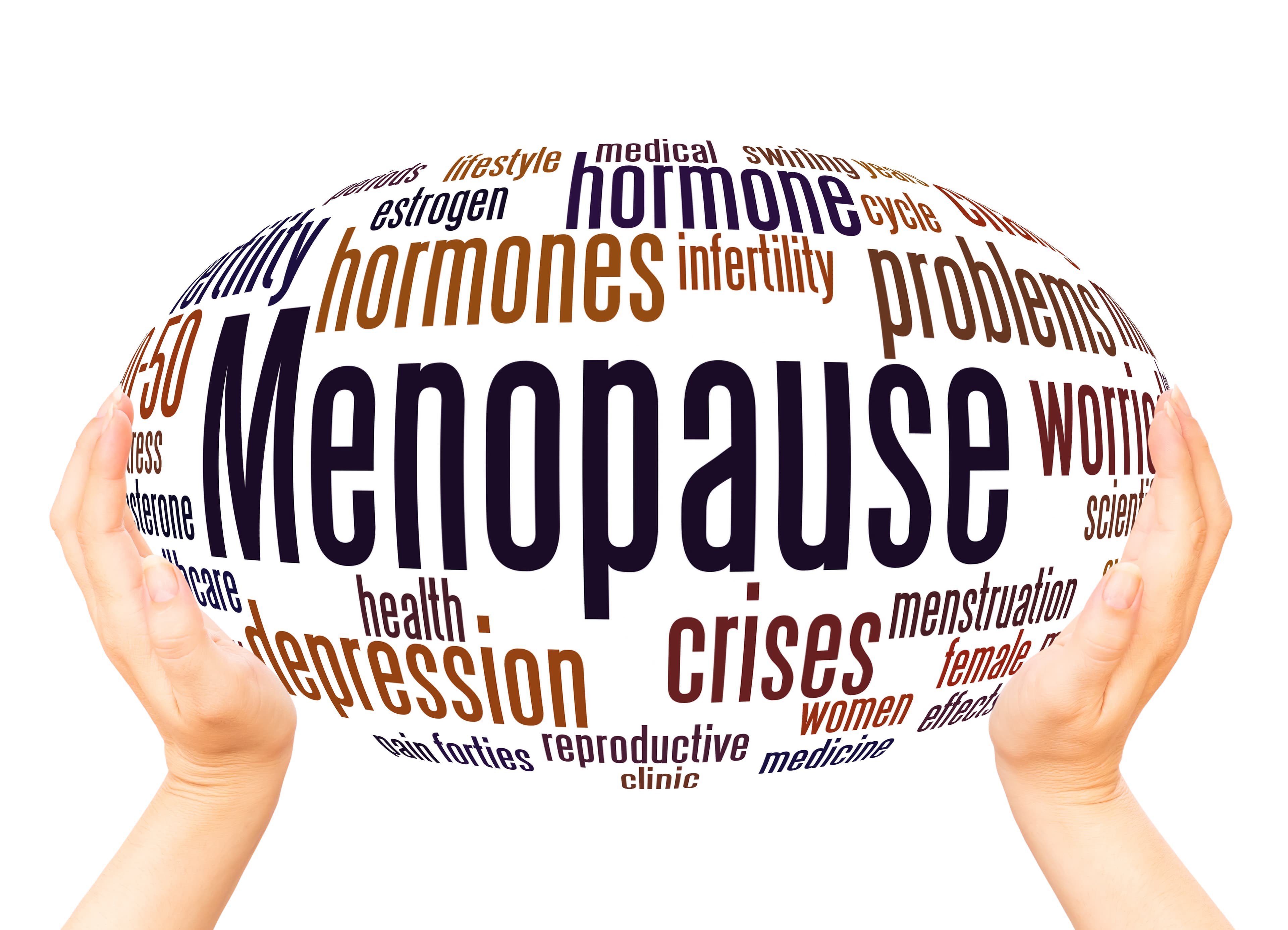 Hands holding a menopause word cloud sphere.