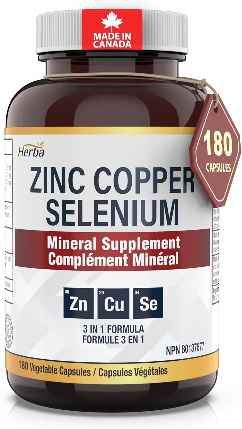 Herba Zinc Picolinate 25mg with Copper and Selenium - 180 Capsules | 3 in 1 Mineral Supplement | Selenium Zinc Copper Supplement | 6 Months Supply | Immune Support | Made in Canada product image