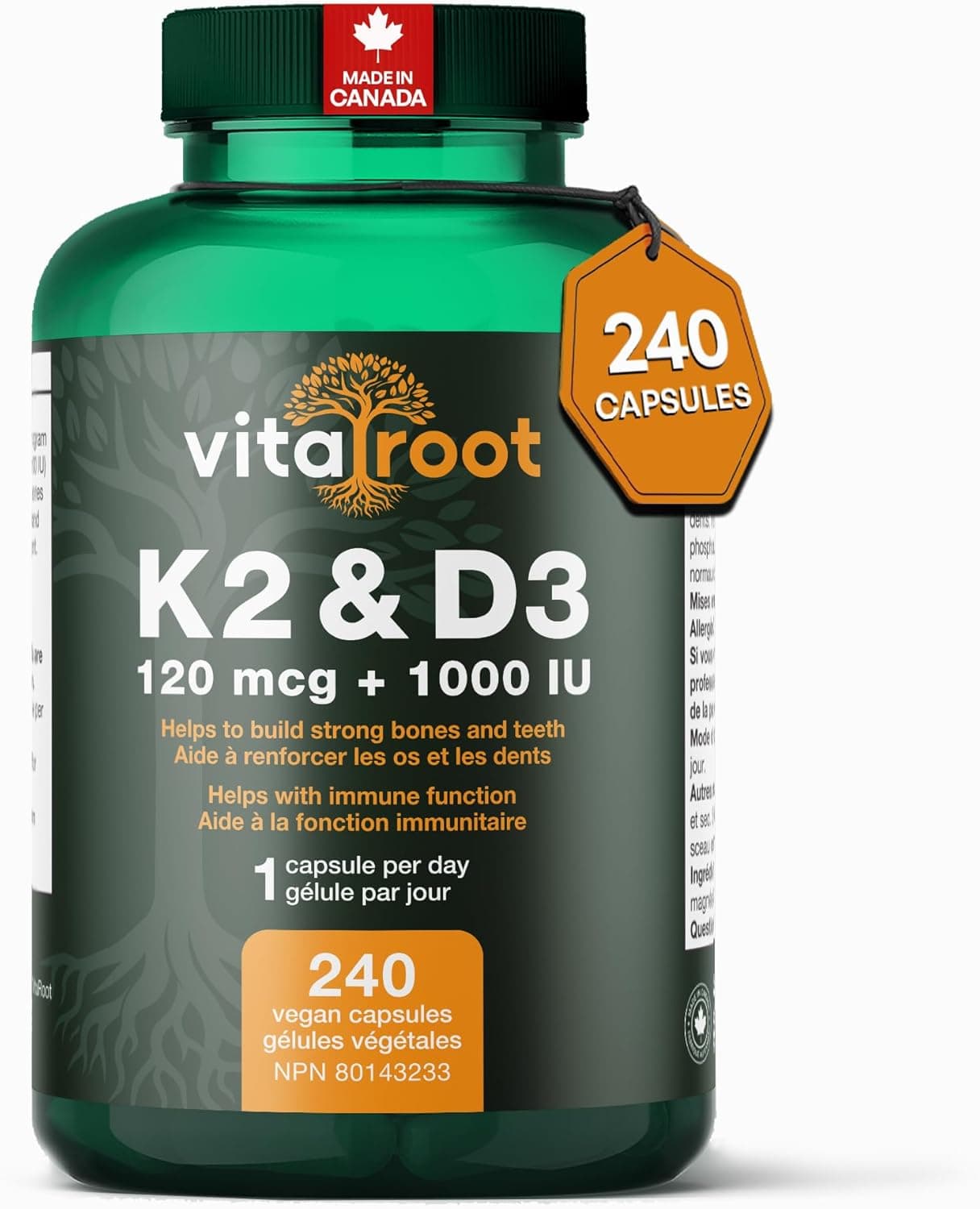 Vitamin D3 + K2 Supplement (8-Month Supply) – 1000 IU D3 with 120mcg K2 MK7. Vitamin D with K2 for Bone, Teeth & Immune Support. Vegan, Non-GMO, Made in Canada product image