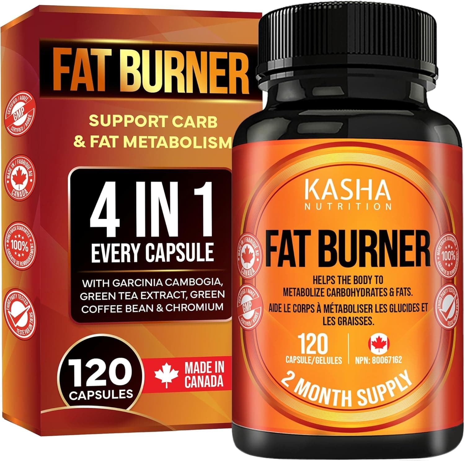 Thermogenic Fat Burner - Canadian-Made Weight Loss Pills for Men & Women | Metabolizes Carbohydrates & Fats | Appetite Suppressant | Helps Increase Satiety | 4-in-1 Formula with Garcinia Cambogia, Green Tea Extract, Green Coffee Bean & Chromium | Keto Friendly | 120 Capsules product image