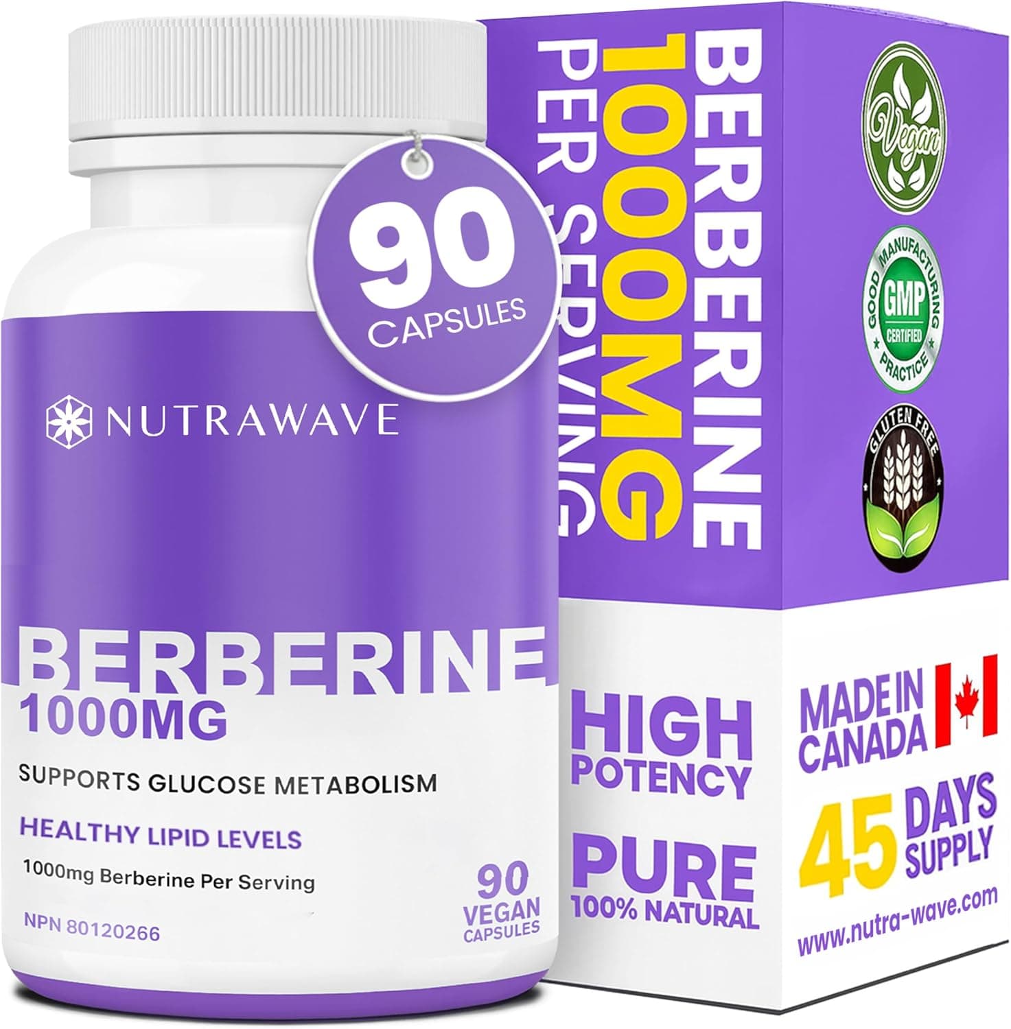 Nutrawave Pure Berberine Maximum Potency, 1000mg per Serving(Each Capsule 500mg), Supports Blood Sugar Levels, Healthy Lipid(Fat) & Glucose Metabolism, Non-GMO, Vegan, Gluten Free, 90 Capsules, 1 Pack product image