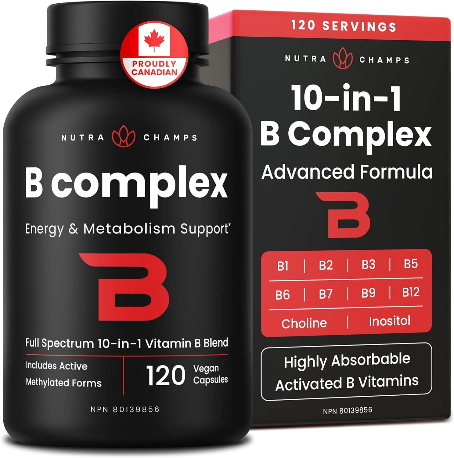 Vitamin B Complex – Full Spectrum 10-in-1 Methylated B Vitamin Supplement – Includes B1, B2, B3, B5, B6, B7, B9 & B12 for Men & Women – Active Methylated B12 & Folate, Vegan – 120 Capsules product image